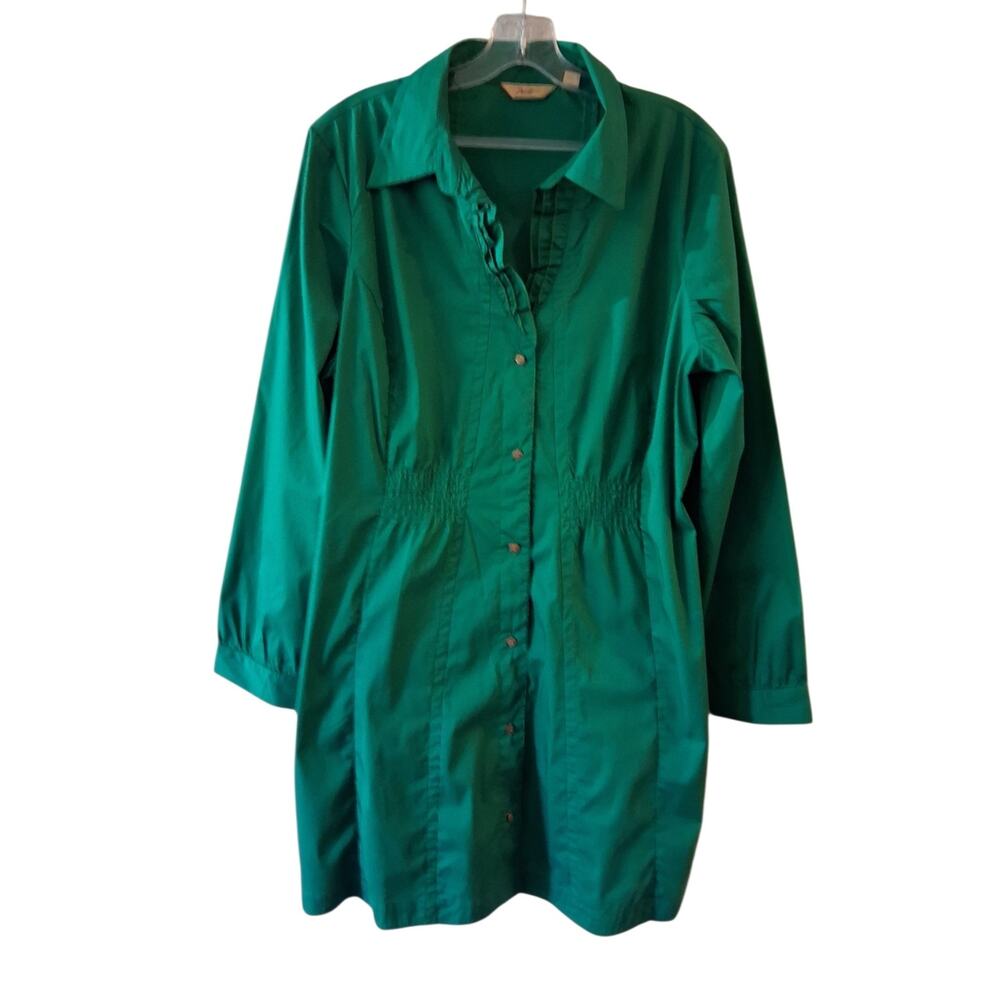 Motto Elegant Green Long-Sleeve Shirt Dress Shirred Waist Minimalist Capsule - Picture 3 of 8